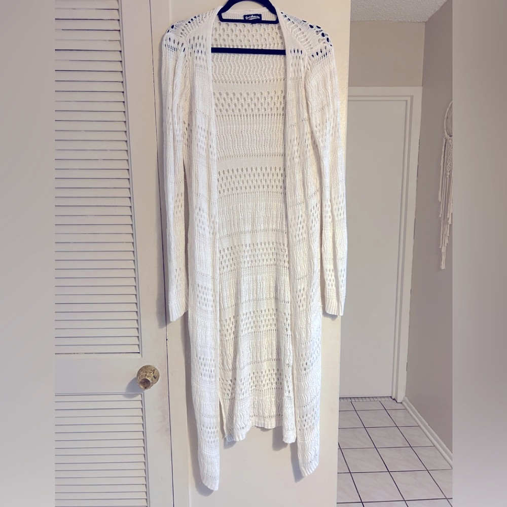 Freshman Long White Crochet Cardigan